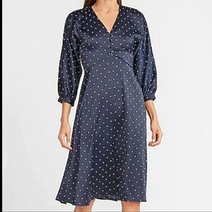 Express X LadyGang Polka Dot Satin Button Front Midi Dress
